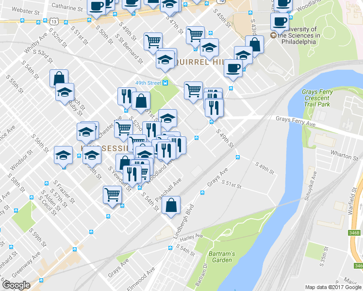 map of restaurants, bars, coffee shops, grocery stores, and more near 5039 Woodland Avenue in Philadelphia