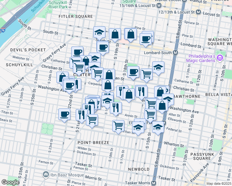 map of restaurants, bars, coffee shops, grocery stores, and more near 1047 Dorrance Street in Philadelphia