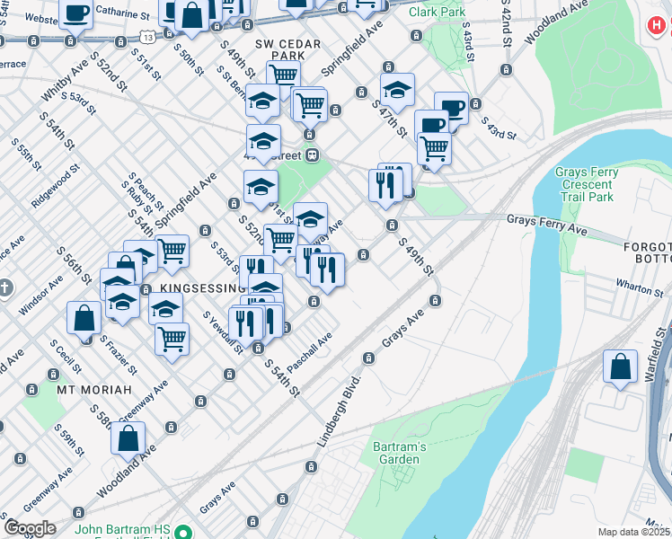 map of restaurants, bars, coffee shops, grocery stores, and more near 5039 Woodland Avenue in Philadelphia