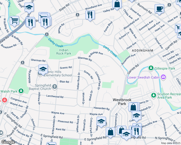 map of restaurants, bars, coffee shops, grocery stores, and more near 539 Scenic Road in Springfield