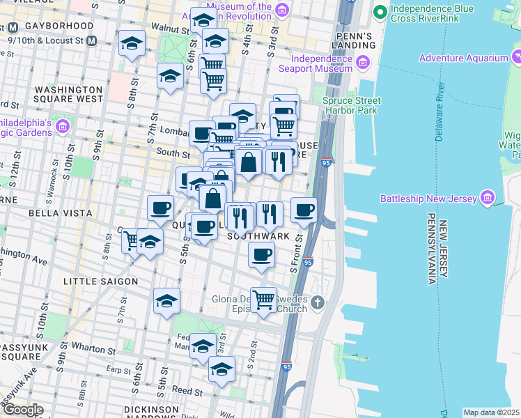 map of restaurants, bars, coffee shops, grocery stores, and more near 230 Monroe Street in Philadelphia