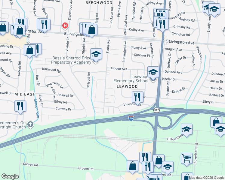 map of restaurants, bars, coffee shops, grocery stores, and more near 4082 Elaine Court in Columbus
