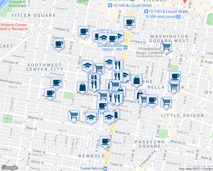 map of restaurants, bars, coffee shops, grocery stores, and more near 928 South 15th Street in Philadelphia