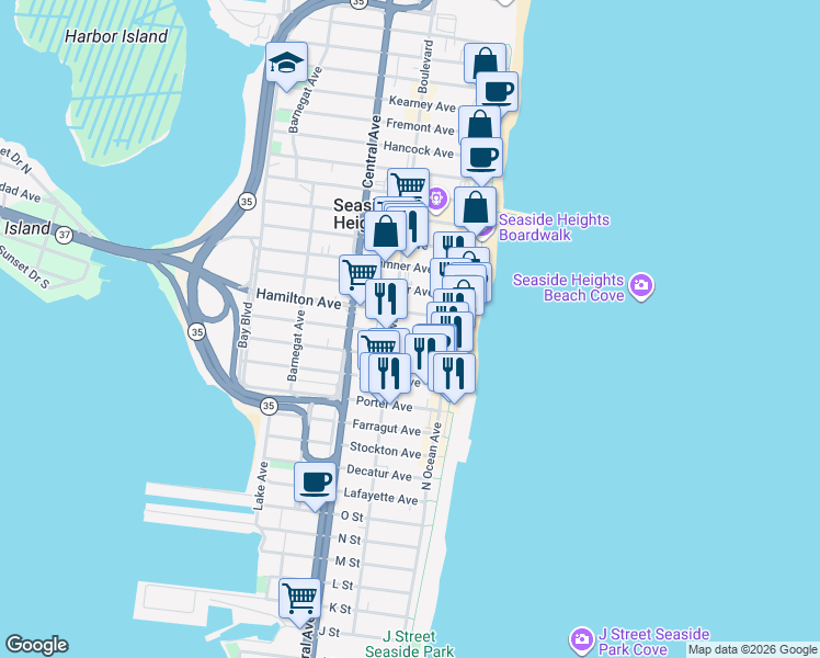 map of restaurants, bars, coffee shops, grocery stores, and more near 39 Franklin Avenue in Seaside Heights