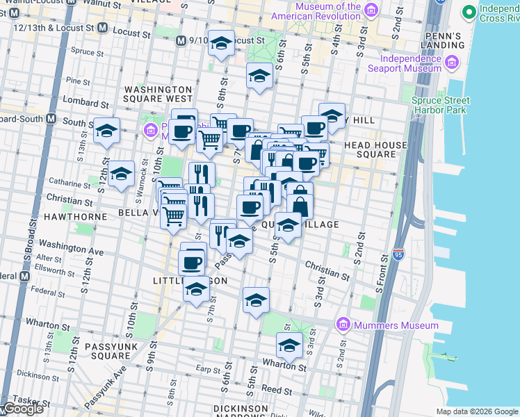 map of restaurants, bars, coffee shops, grocery stores, and more near 750 South Randolph Street in Philadelphia
