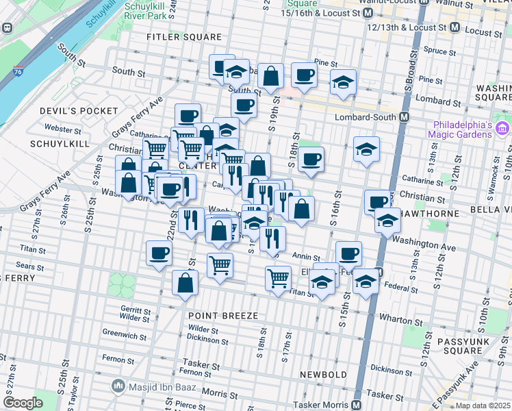 map of restaurants, bars, coffee shops, grocery stores, and more near 1024 South 19th Street in Philadelphia