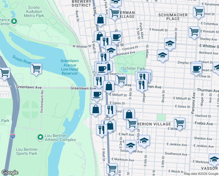 map of restaurants, bars, coffee shops, grocery stores, and more near 1116 South High Street in Columbus