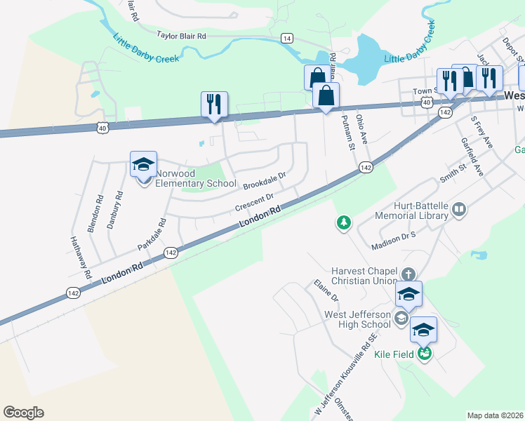 map of restaurants, bars, coffee shops, grocery stores, and more near 668 London Road in West Jefferson