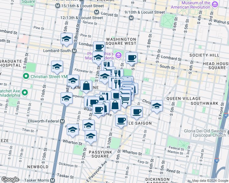 map of restaurants, bars, coffee shops, grocery stores, and more near 1011 Christian Street in Philadelphia