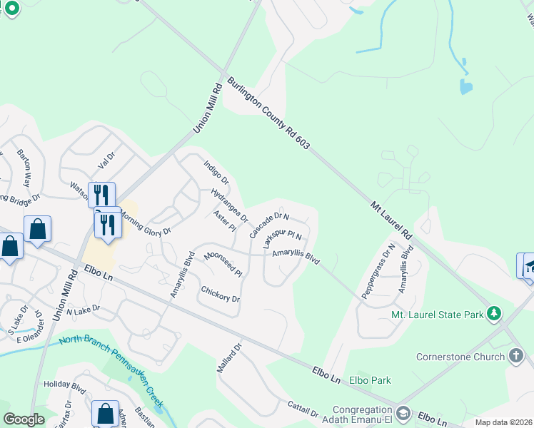 map of restaurants, bars, coffee shops, grocery stores, and more near 715 Cascade Dr N in Mount Laurel