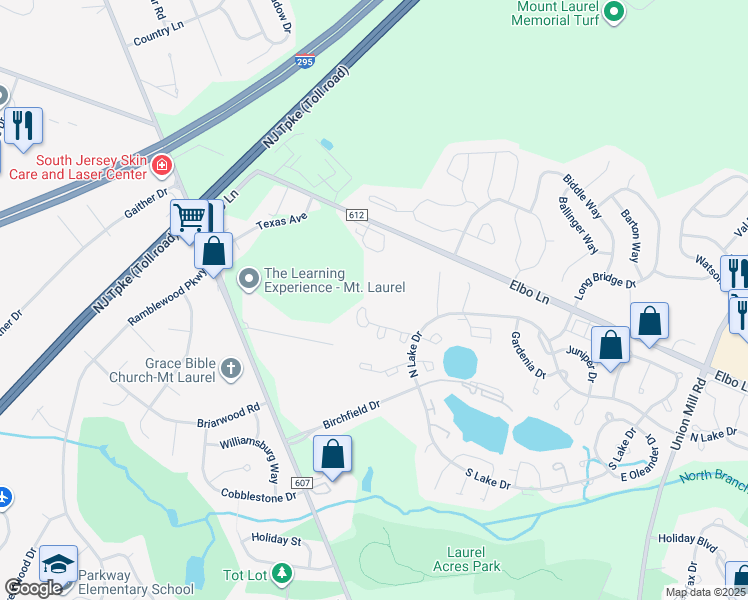 map of restaurants, bars, coffee shops, grocery stores, and more near 91A West Bluebell Lane in Mount Laurel Township