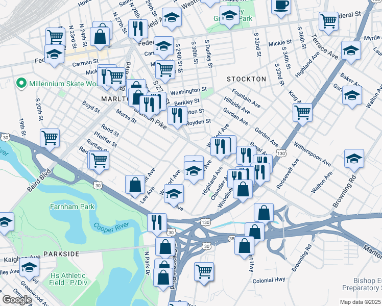 map of restaurants, bars, coffee shops, grocery stores, and more near 6846 Lee Avenue in Pennsauken Township