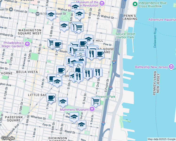 map of restaurants, bars, coffee shops, grocery stores, and more near 307 Fitzwater Street in Philadelphia