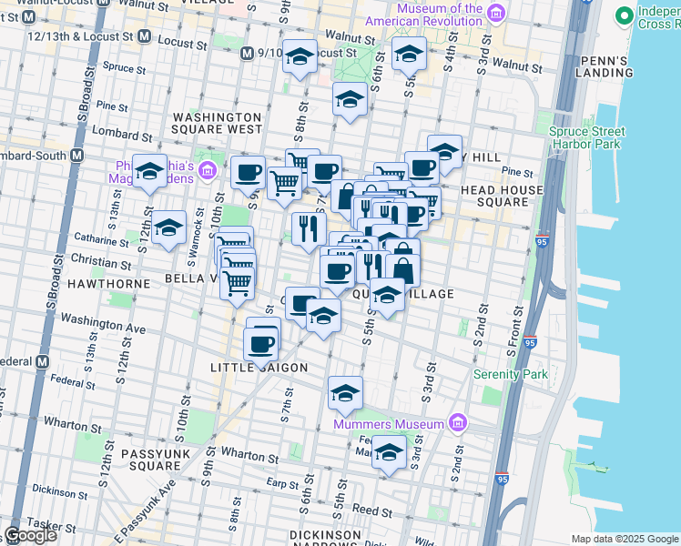 map of restaurants, bars, coffee shops, grocery stores, and more near 785 South 6th Street in Philadelphia
