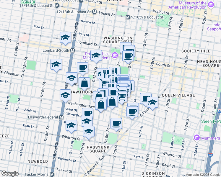 map of restaurants, bars, coffee shops, grocery stores, and more near in Philadelphia