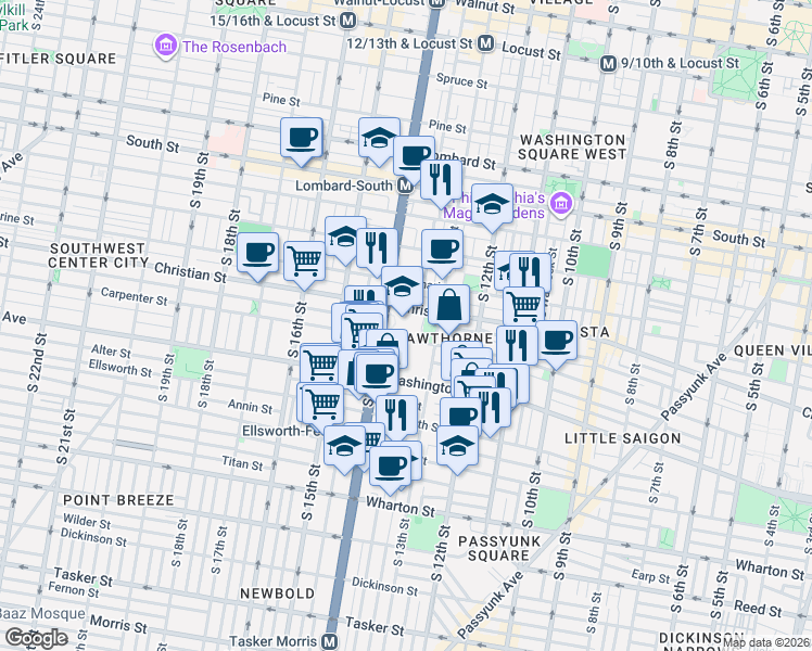map of restaurants, bars, coffee shops, grocery stores, and more near 1301 Carpenter Street in Philadelphia