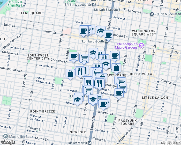 map of restaurants, bars, coffee shops, grocery stores, and more near 928 South 15th Street in Philadelphia
