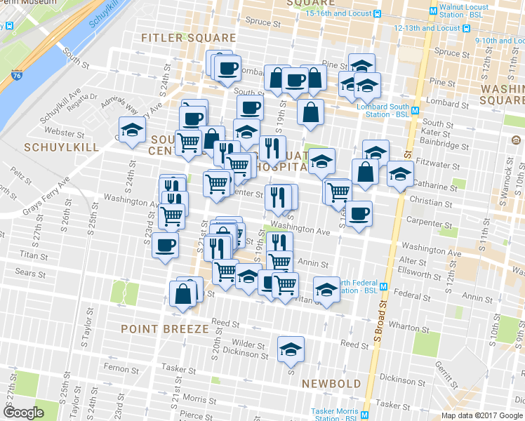map of restaurants, bars, coffee shops, grocery stores, and more near 1017 South 20th Street in Philadelphia