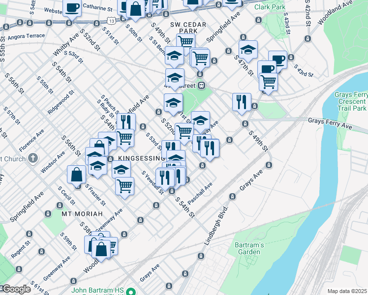 map of restaurants, bars, coffee shops, grocery stores, and more near 1506 South 52nd Street in Philadelphia