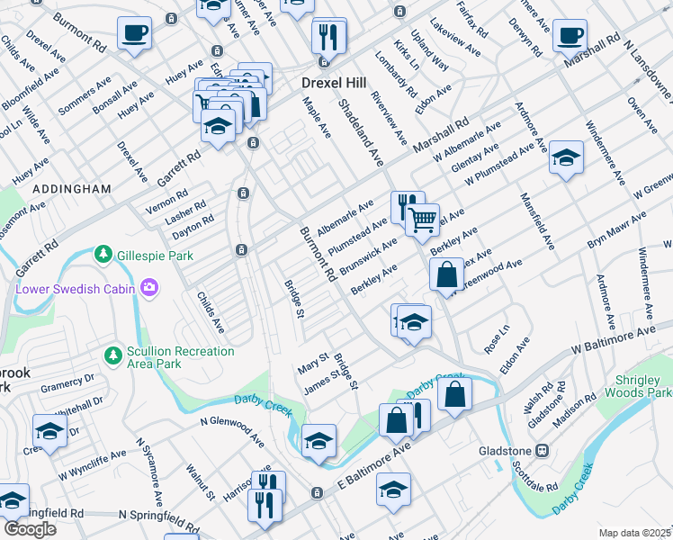 map of restaurants, bars, coffee shops, grocery stores, and more near 220 Burmont Road in Drexel Hill