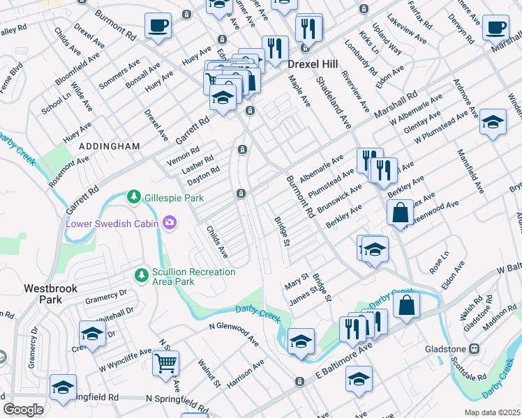 map of restaurants, bars, coffee shops, grocery stores, and more near 248 Blanchard Road in Drexel Hill