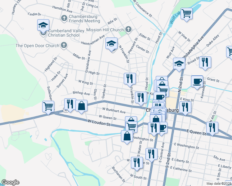 map of restaurants, bars, coffee shops, grocery stores, and more near 272 Martin Avenue in Chambersburg