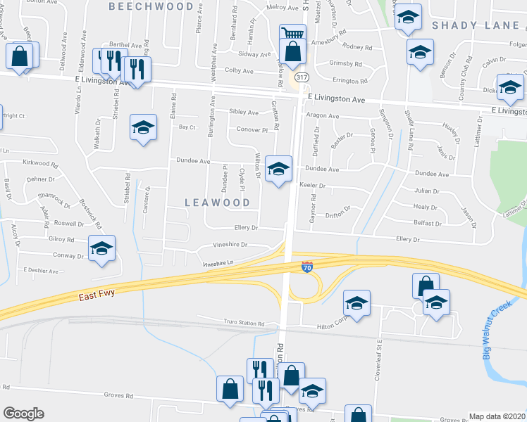 map of restaurants, bars, coffee shops, grocery stores, and more near 4302 Ellery Drive in Columbus