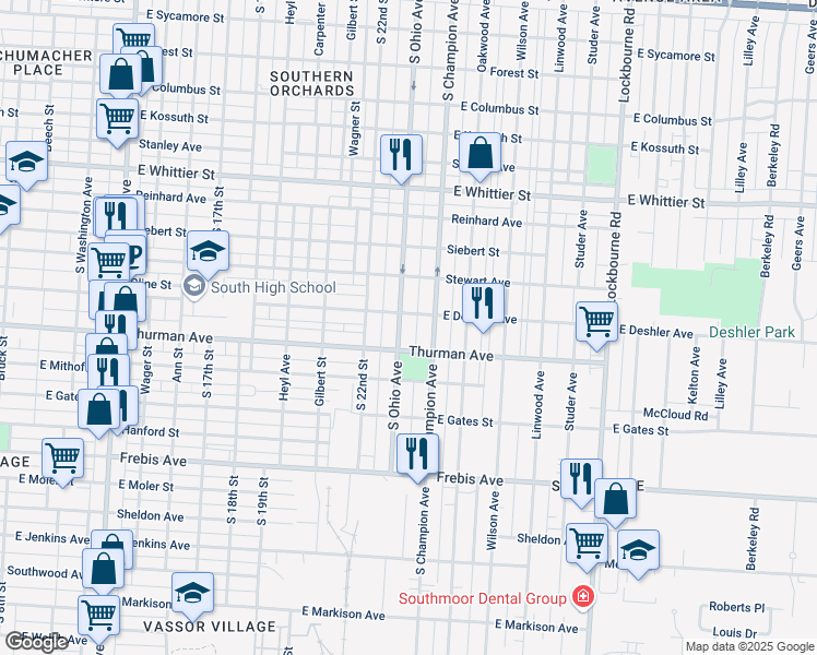 map of restaurants, bars, coffee shops, grocery stores, and more near 1263 South Ohio Avenue in Columbus