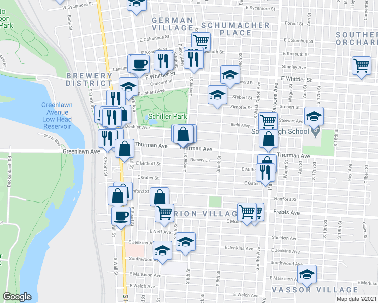 map of restaurants, bars, coffee shops, grocery stores, and more near in Columbus