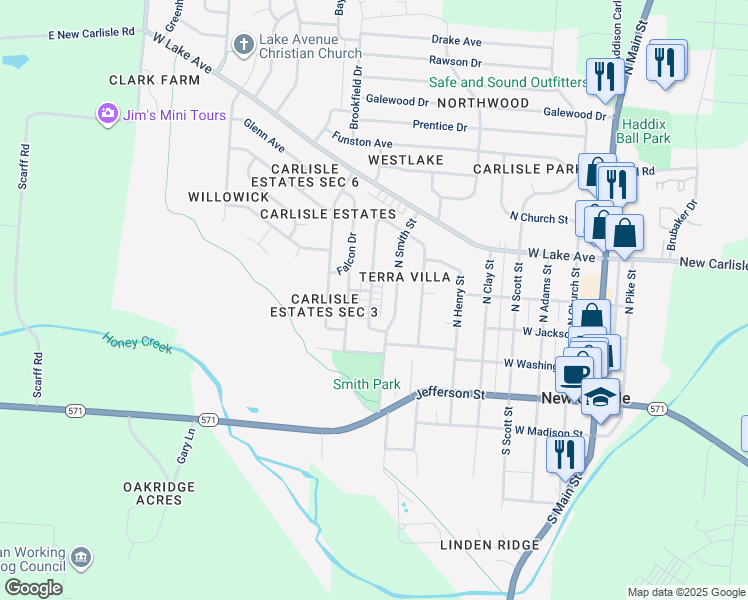 map of restaurants, bars, coffee shops, grocery stores, and more near 110-118 Orth Drive in New Carlisle