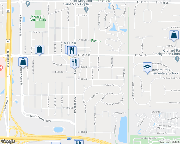map of restaurants, bars, coffee shops, grocery stores, and more near 10407 Bellefontaine Street in Indianapolis
