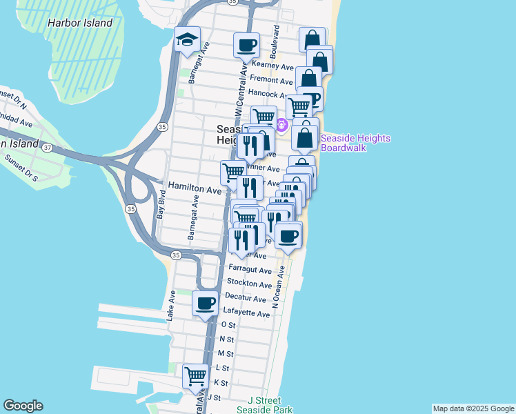 map of restaurants, bars, coffee shops, grocery stores, and more near 203 Ocean Boulevard in Seaside Heights