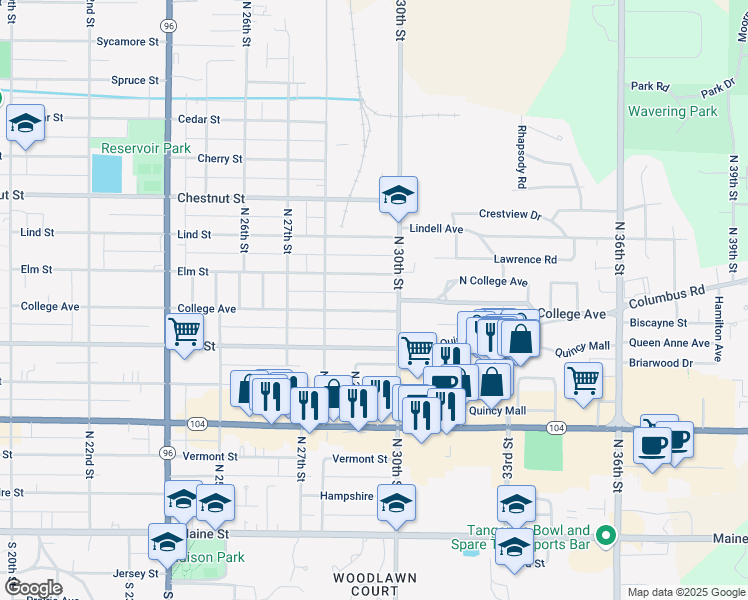 map of restaurants, bars, coffee shops, grocery stores, and more near 2818-2820 College Avenue in Quincy