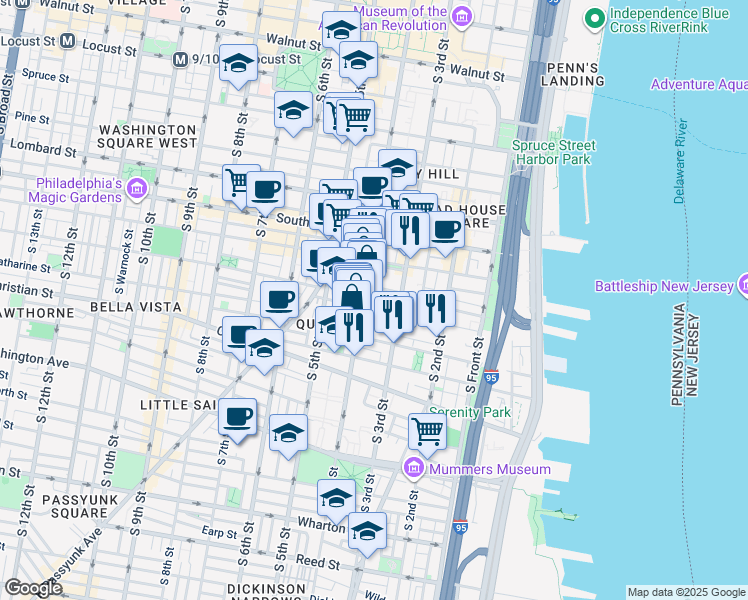 map of restaurants, bars, coffee shops, grocery stores, and more near 332 Pemberton Street in Philadelphia