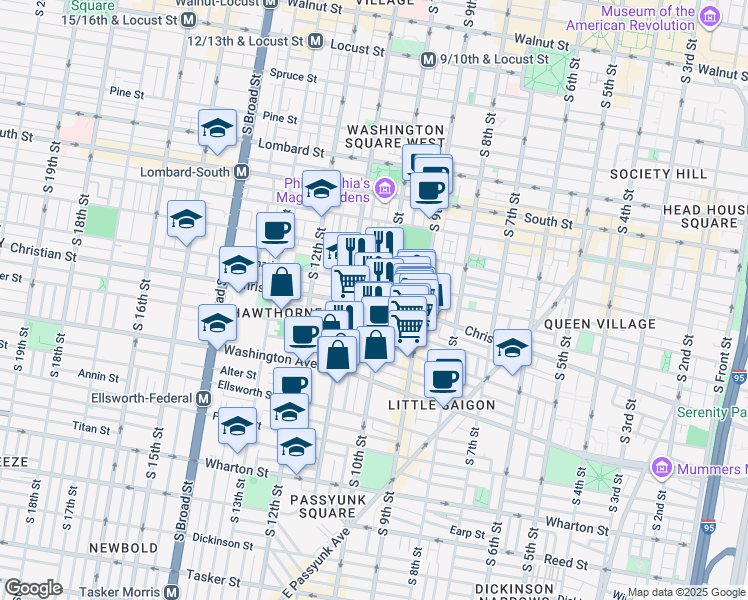 map of restaurants, bars, coffee shops, grocery stores, and more near 1011 Christian Street in Philadelphia
