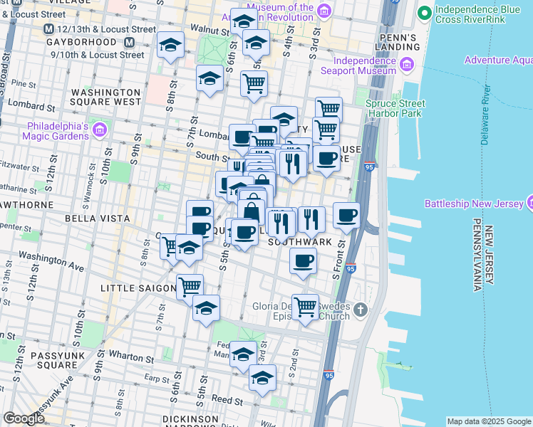 map of restaurants, bars, coffee shops, grocery stores, and more near 332 Pemberton Street in Philadelphia