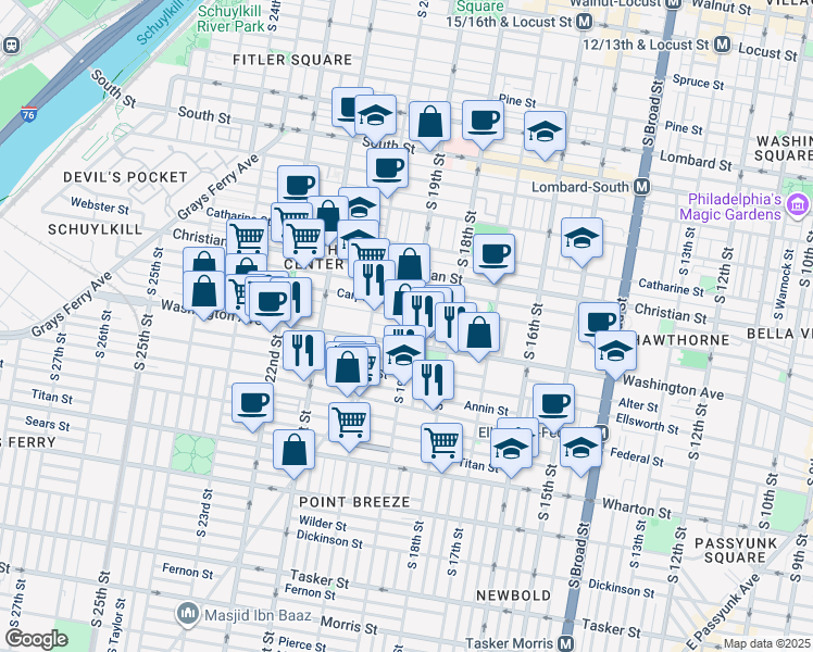 map of restaurants, bars, coffee shops, grocery stores, and more near 1022 South 19th Street in Philadelphia