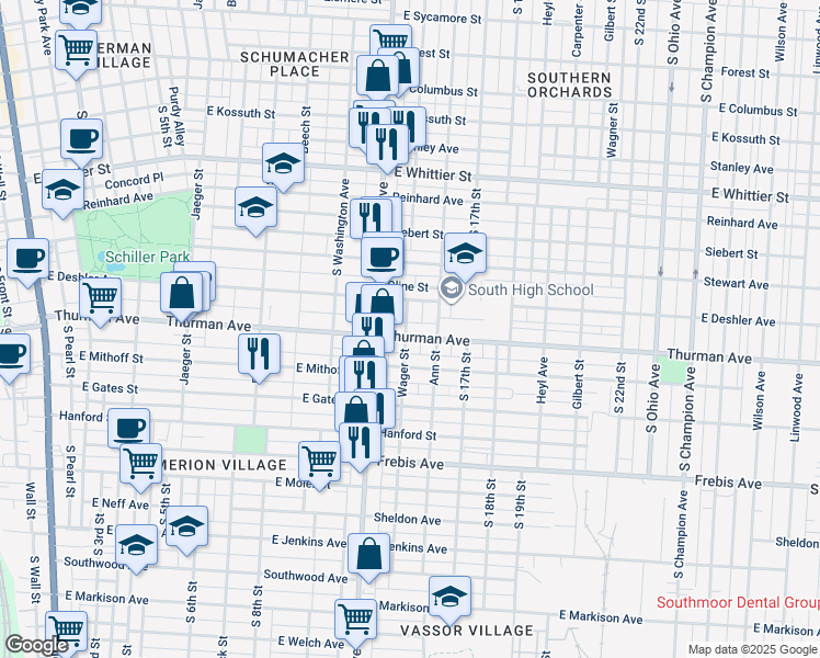 map of restaurants, bars, coffee shops, grocery stores, and more near 539 Thurman Avenue in Columbus