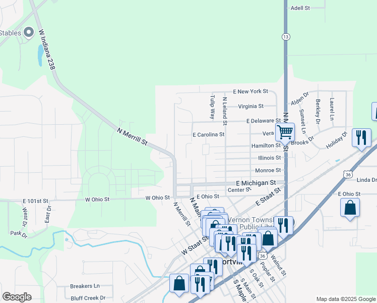 map of restaurants, bars, coffee shops, grocery stores, and more near 650 North Main Street in Fortville