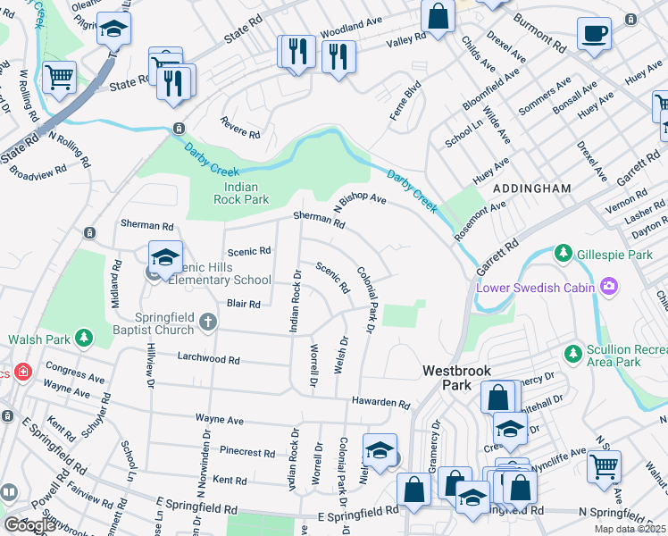 map of restaurants, bars, coffee shops, grocery stores, and more near 535 Scenic Road in Springfield