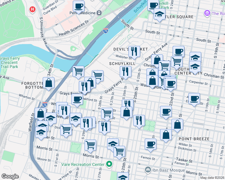 map of restaurants, bars, coffee shops, grocery stores, and more near 2719 Federal Street in Philadelphia