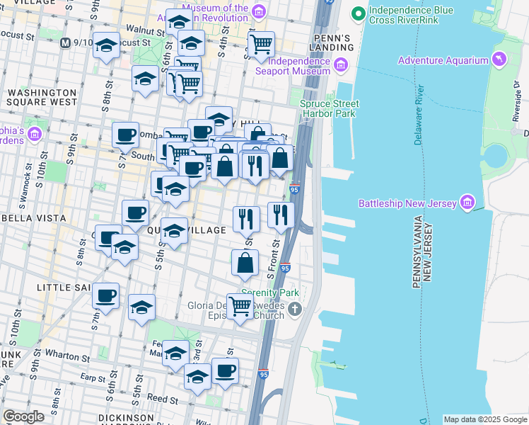 map of restaurants, bars, coffee shops, grocery stores, and more near 133 Monroe Street in Philadelphia