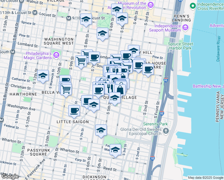 map of restaurants, bars, coffee shops, grocery stores, and more near Fitzwater St & S 5th St in Philadelphia
