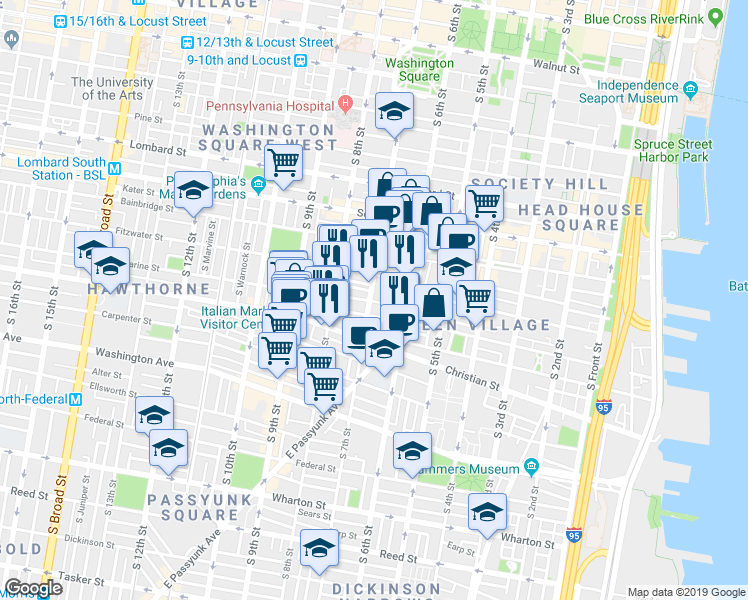map of restaurants, bars, coffee shops, grocery stores, and more near 771 South 7th Street in Philadelphia