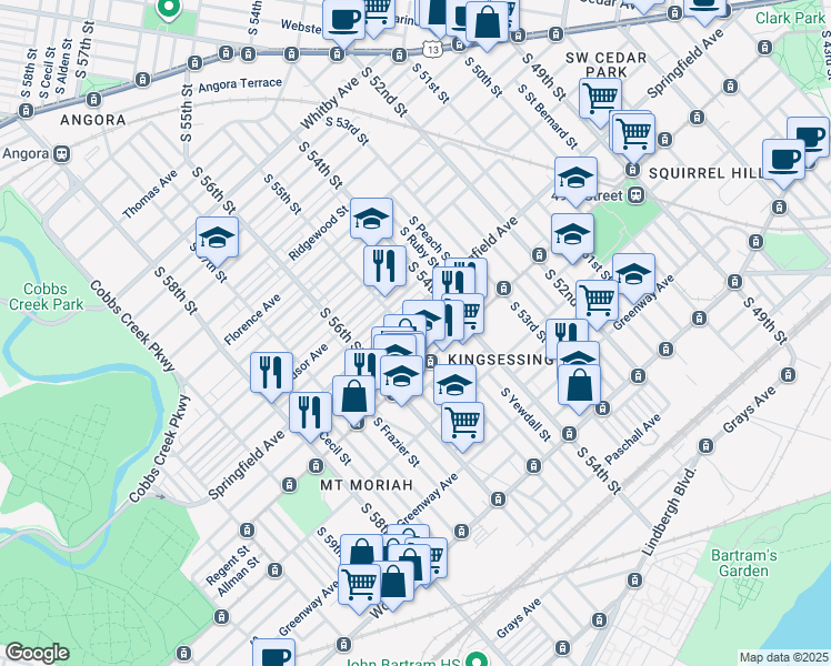 map of restaurants, bars, coffee shops, grocery stores, and more near 1430 South 55th Street in Philadelphia