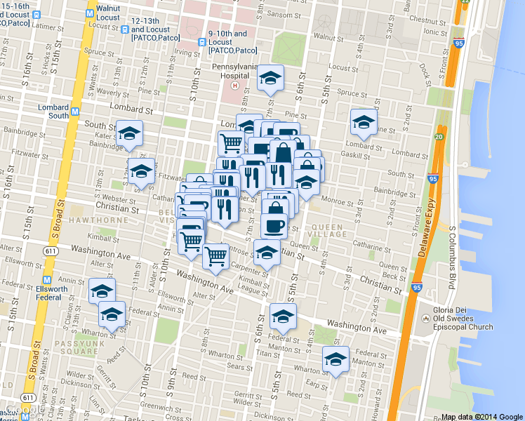 map of restaurants, bars, coffee shops, grocery stores, and more near 603 Fulton Street in Philadelphia
