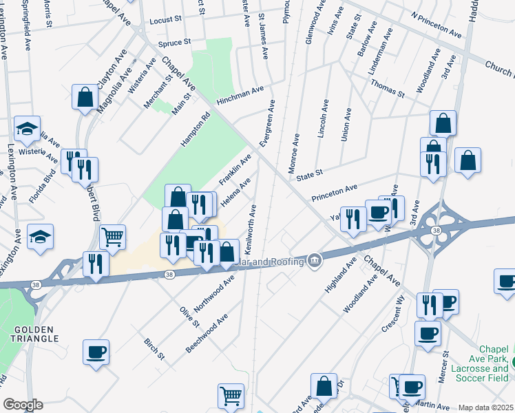 map of restaurants, bars, coffee shops, grocery stores, and more near 603 Kenilworth Avenue in Cherry Hill