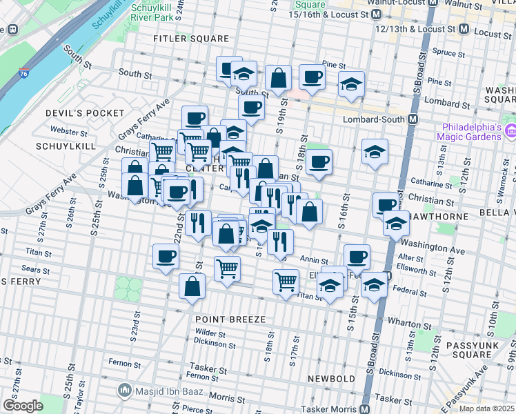 map of restaurants, bars, coffee shops, grocery stores, and more near 1911 League Street in Philadelphia