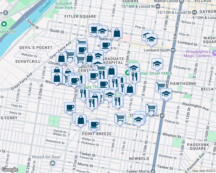 map of restaurants, bars, coffee shops, grocery stores, and more near 1911 League Street in Philadelphia