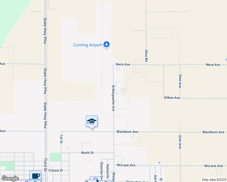 map of restaurants, bars, coffee shops, grocery stores, and more near North Marguerite Avenue in Corning